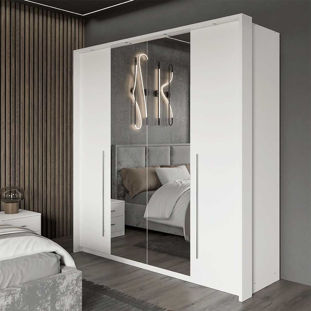 BREMA 210 Bi-folding Door Wardrobe White+Mirror (+with LED lights)