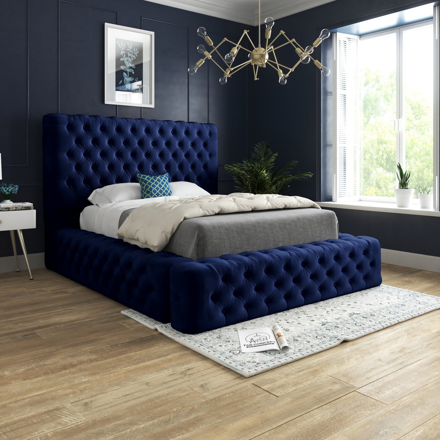 Ambassador Upholstered Soft Velvet Fabric Button Bed Frame (Blue)