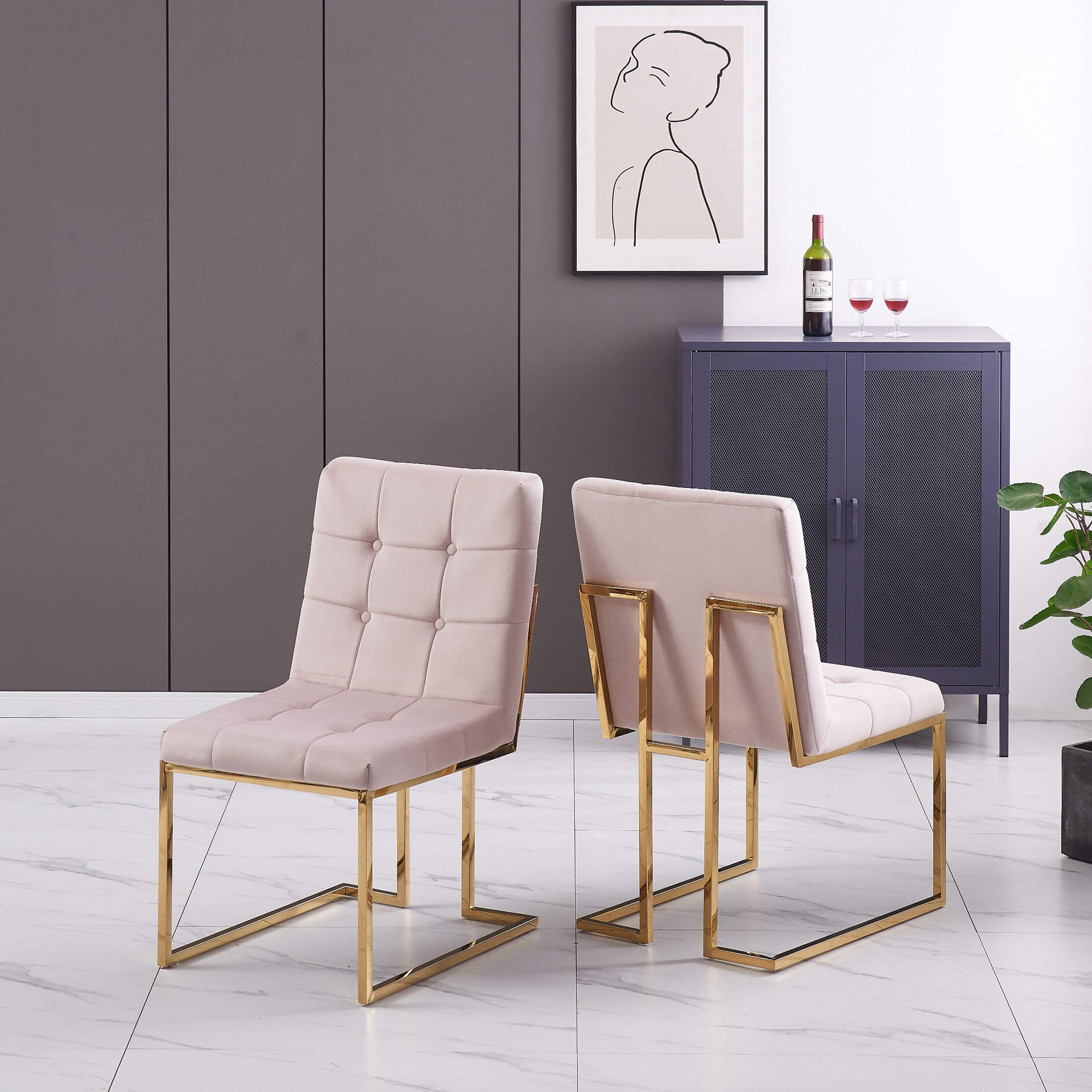 Spectra Velvet Fabric Dining Chair Beige & Gold (Pair of 2)