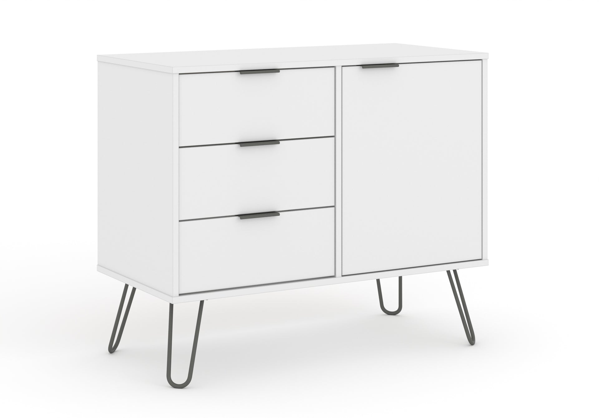 Augusta White 1 Door + 3 Drawer Small Sideboard With Hairpin Legs