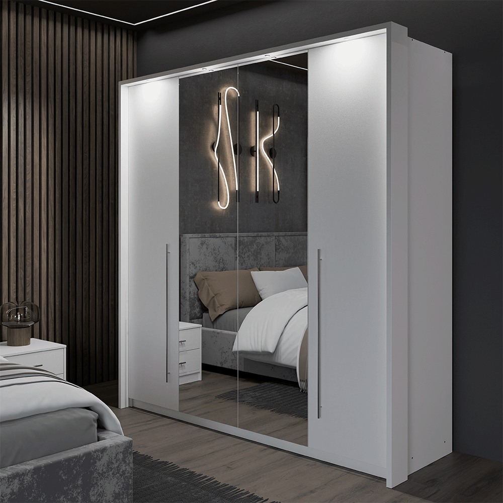 BREMA 210 Bi-folding Door Wardrobe White+Mirror (+with LED lights)