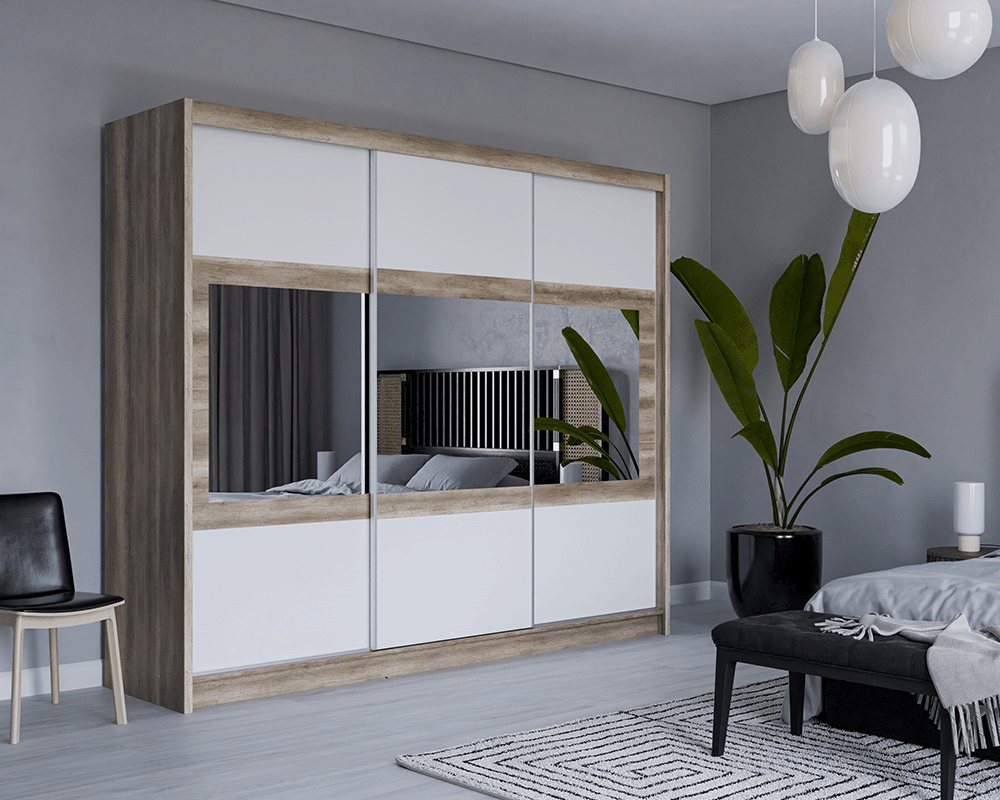 Salvador 250cm Sliding Door Wardrobe Oak Canyon + White + Mirror