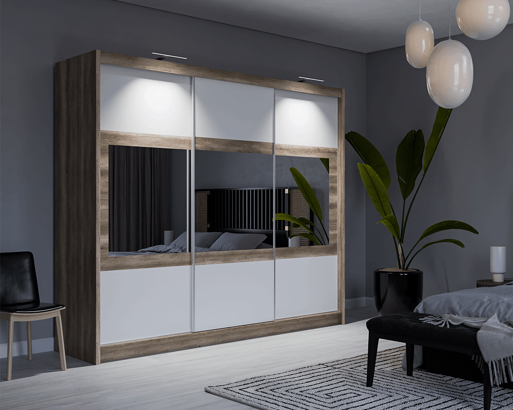 Salvador 250cm Sliding Door Wardrobe Oak Canyon + White + Mirror