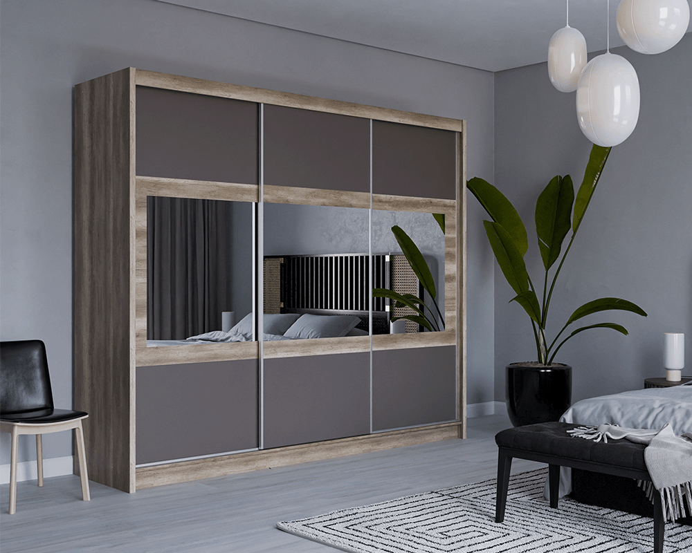 Salvador 250cm Sliding Door Wardrobe Oak Canyon + Lava + Mirror