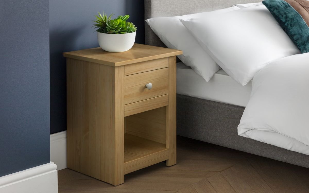 Radley Bedside Table With Drawer + Storage Shelf - Waxed Pine