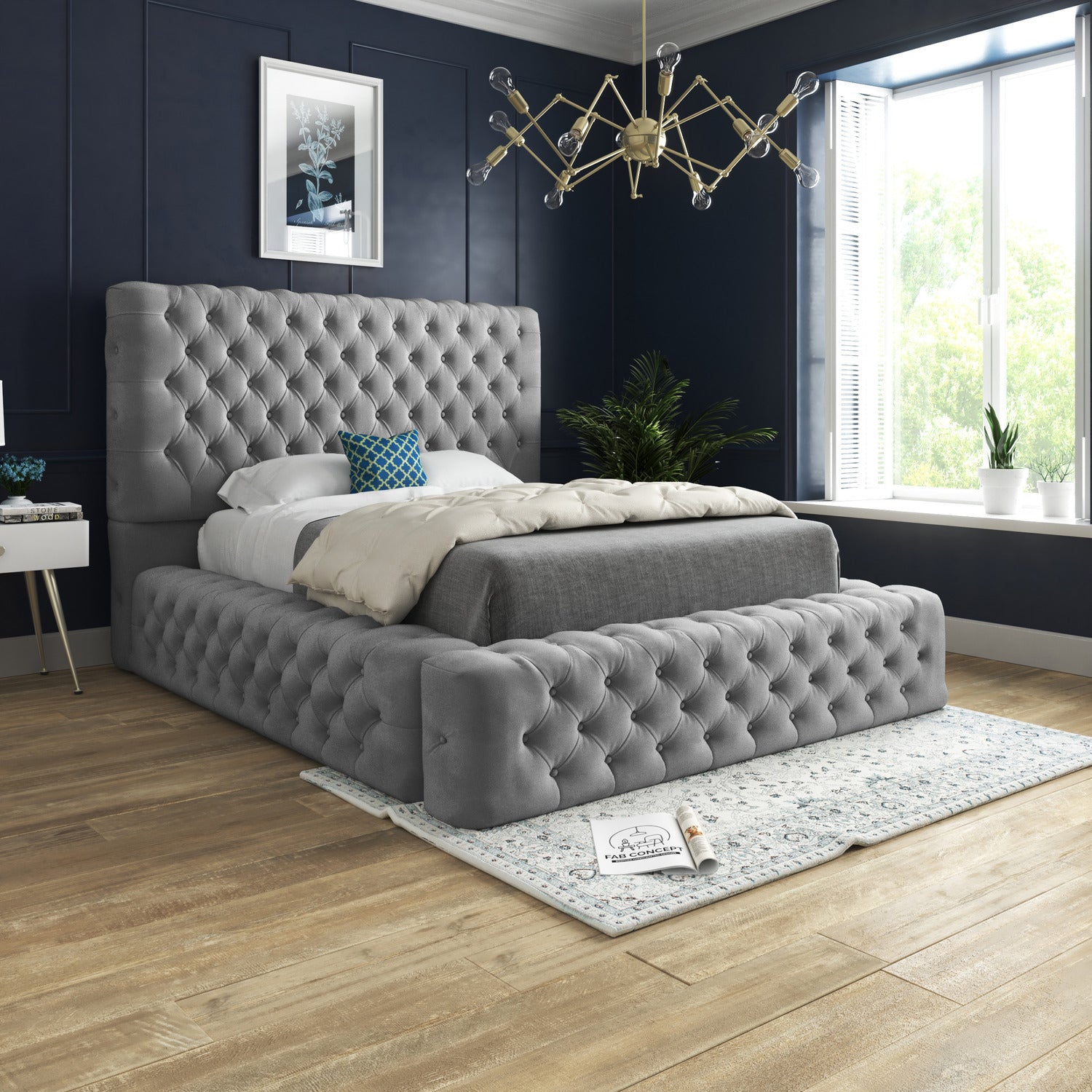 Ambassador Upholstered Soft Velvet Fabric Button Bed Frame (Grey)