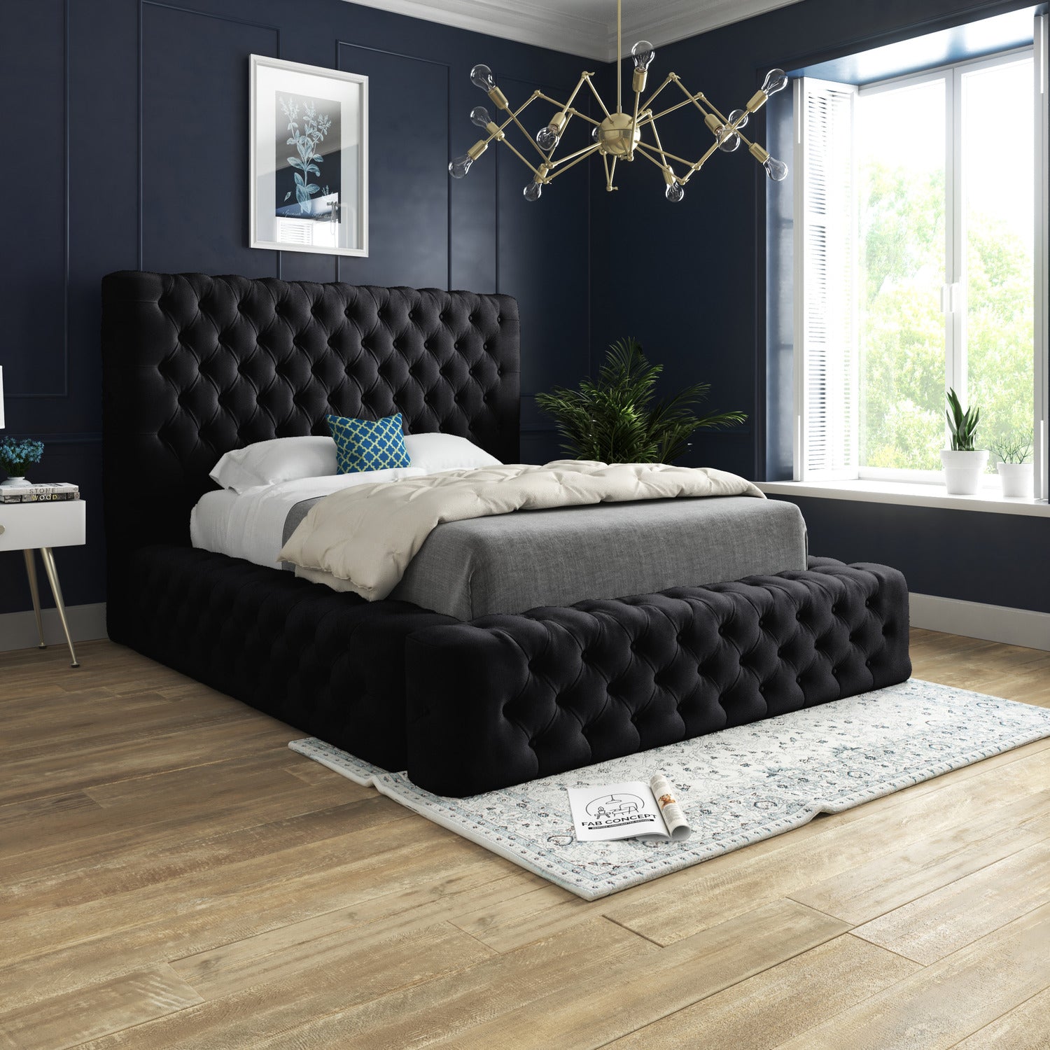 Ambassador Upholstered Soft Velvet Fabric Button Bed Frame (Black)