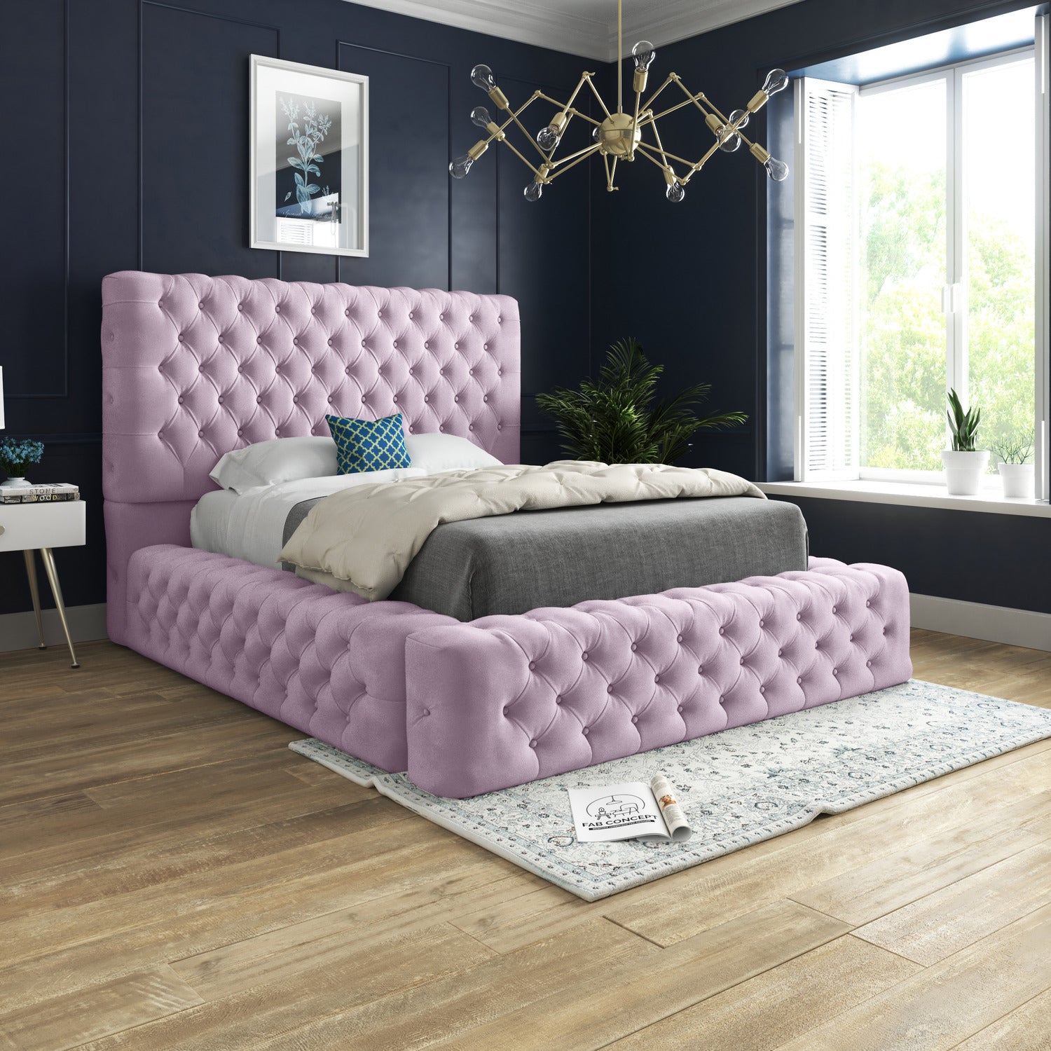 Ambassador Upholstered Soft Velvet Fabric Button Bed Frame (Pink)