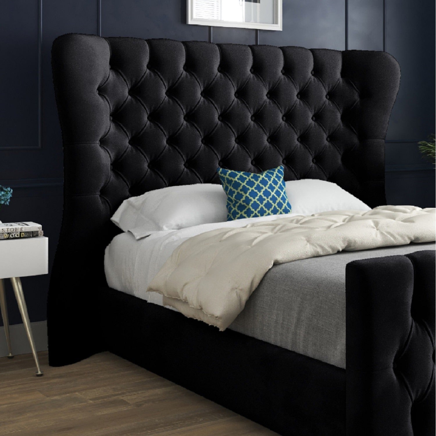 Wingback Wide Curved Upholstered Soft Velvet Fabric Button Bed Frame (Black)