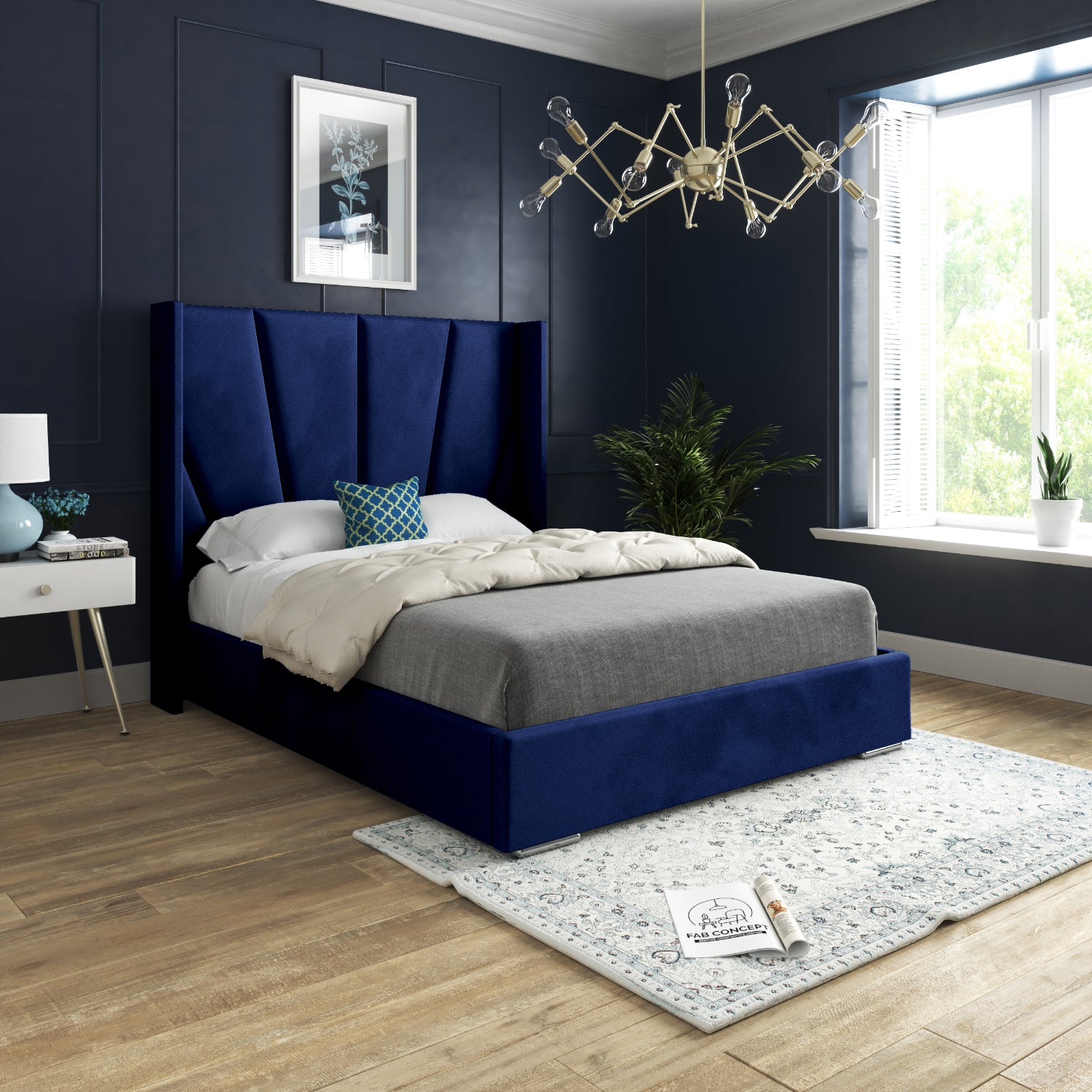 Vienna Winged Upholstered Soft Velvet Fabric Bed Frame (Blue)