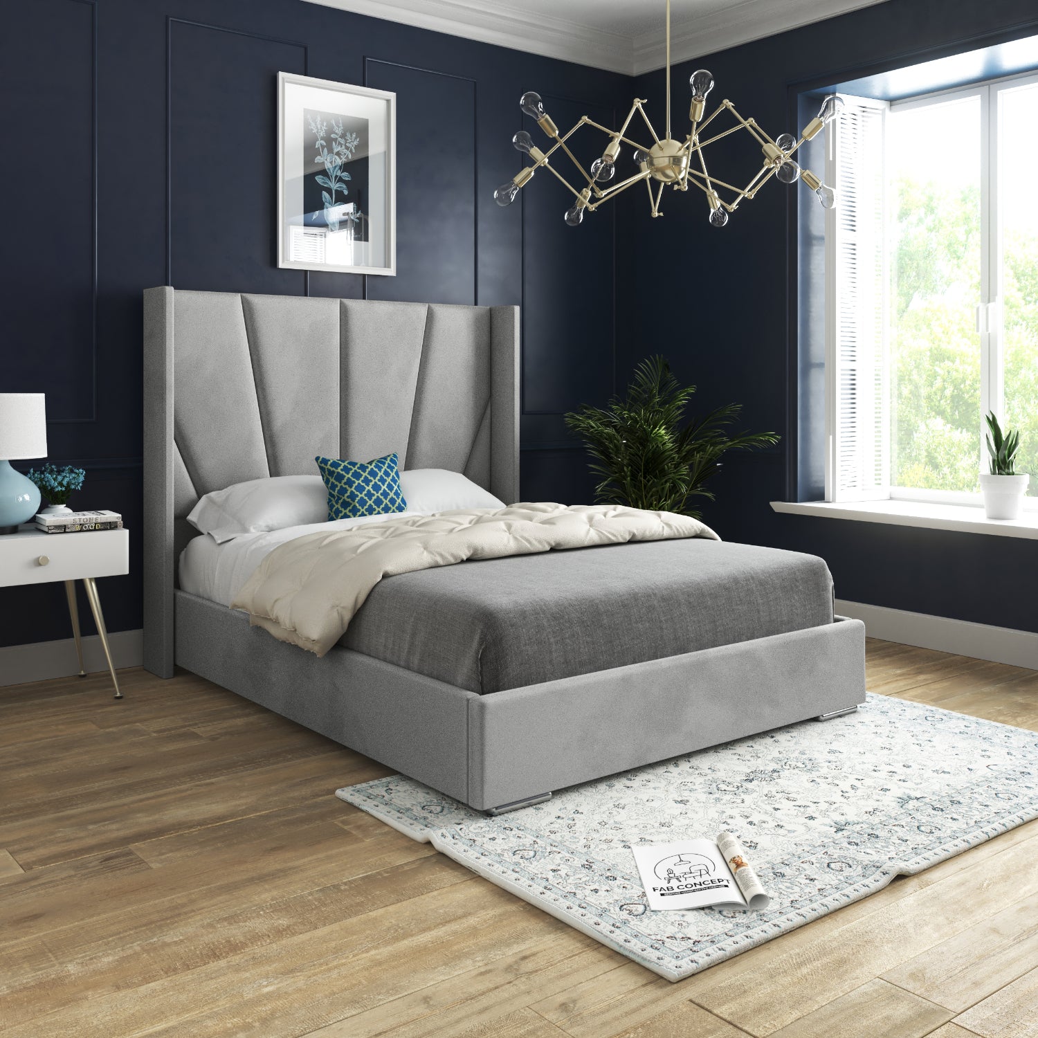 Vienna Winged Upholstered Soft Velvet Fabric Bed Frame (Grey)