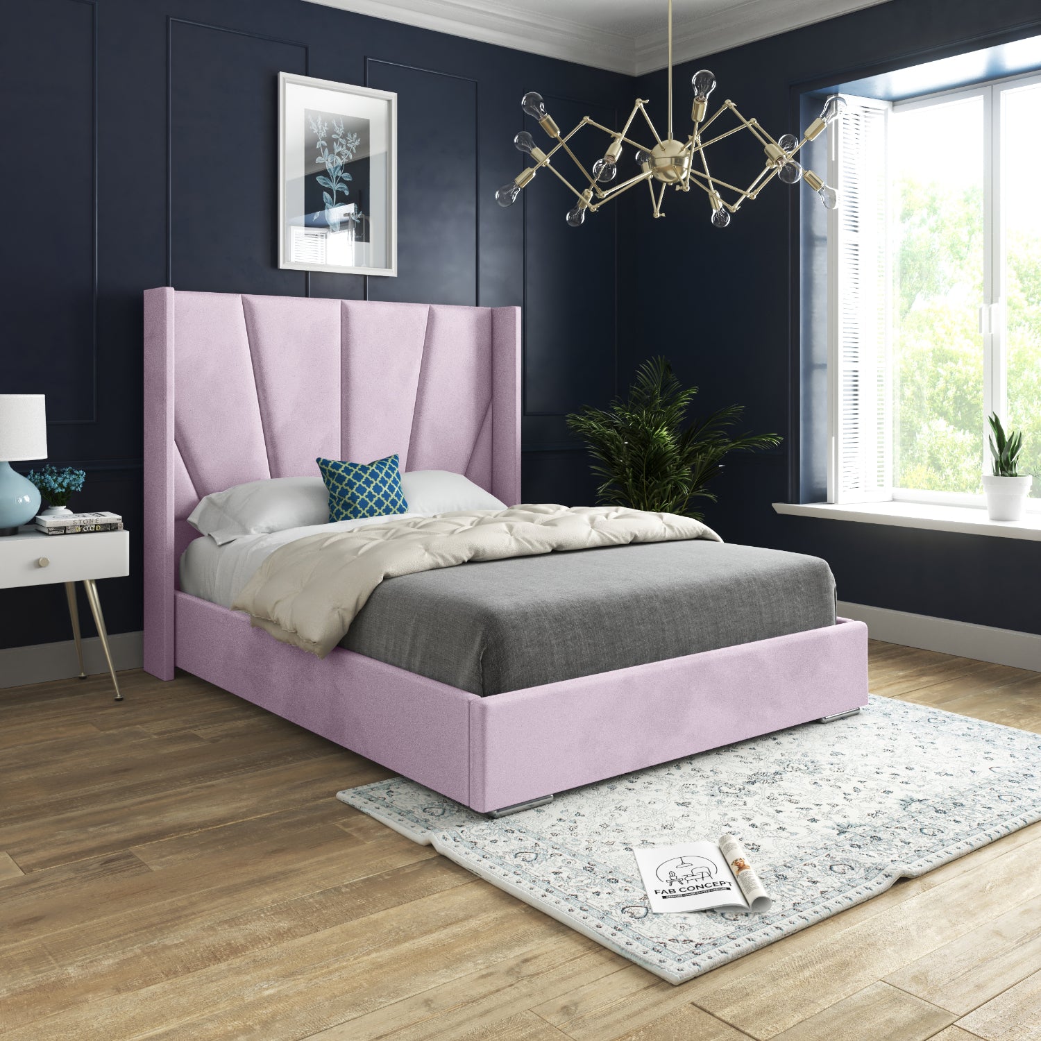 Vienna Winged Upholstered Soft Velvet Fabric Bed Frame (Pink)