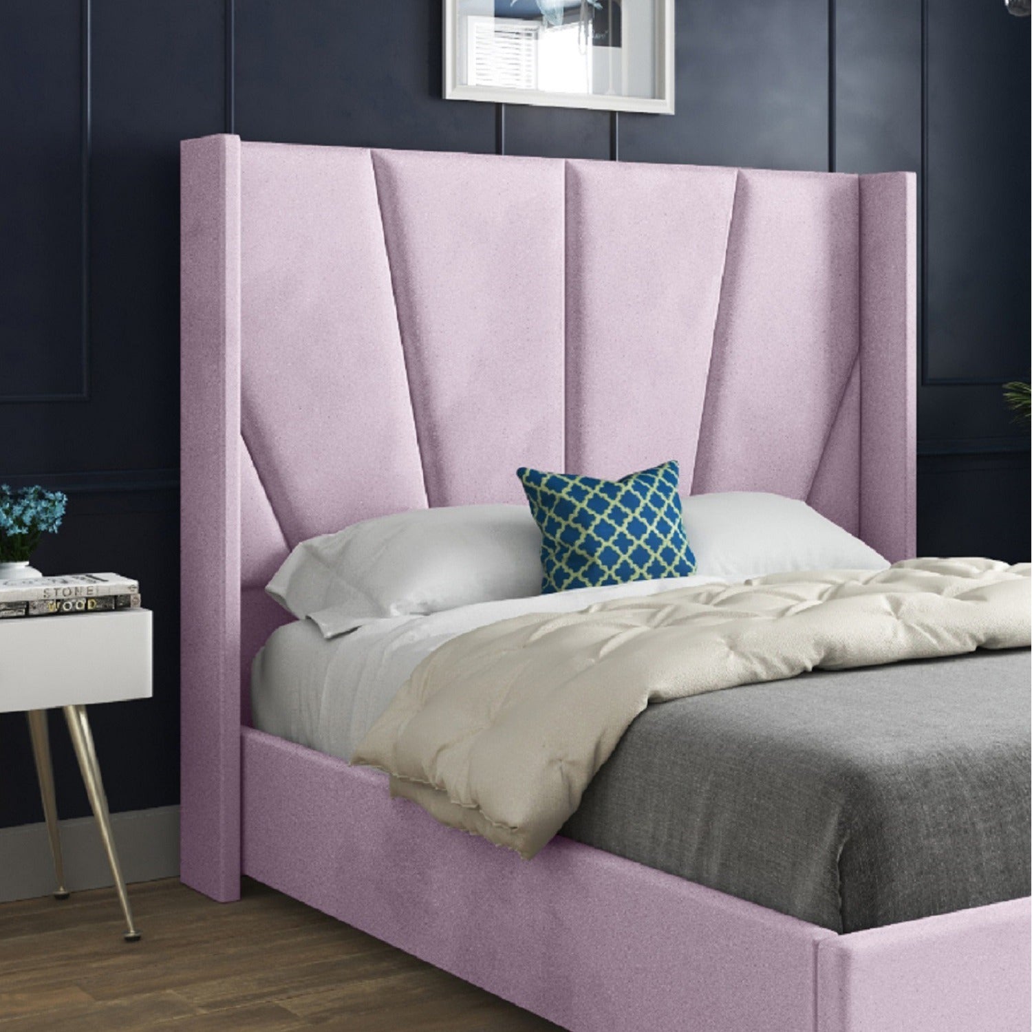 Vienna Winged Upholstered Soft Velvet Fabric Bed Frame (Pink)