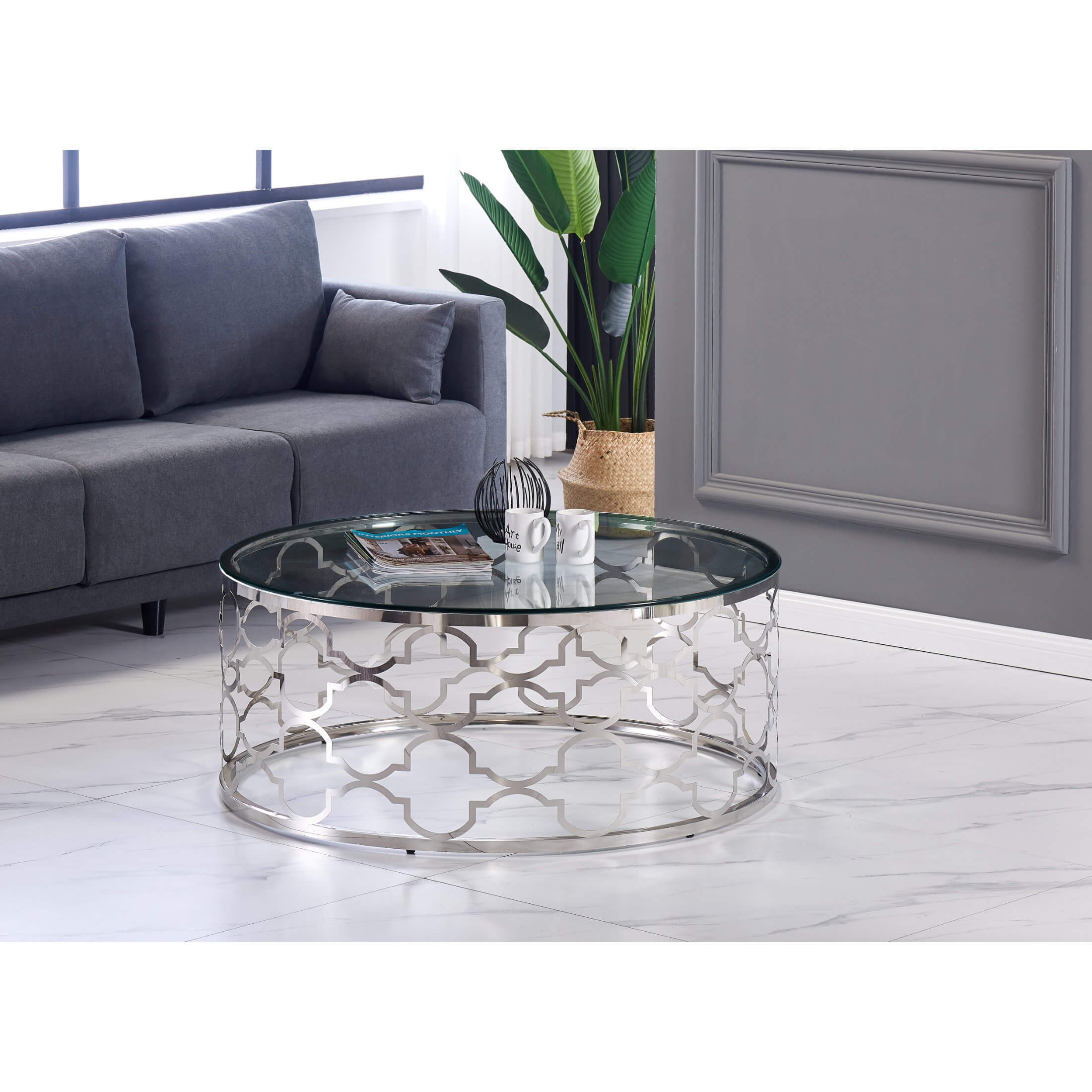 Yukon Round Coffee Table Clear Glass & Silver Frame