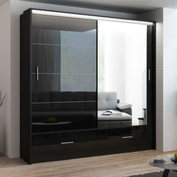 Marsylia 208 (Gloss Black/LED Lighting) Sliding Door Wardrobe